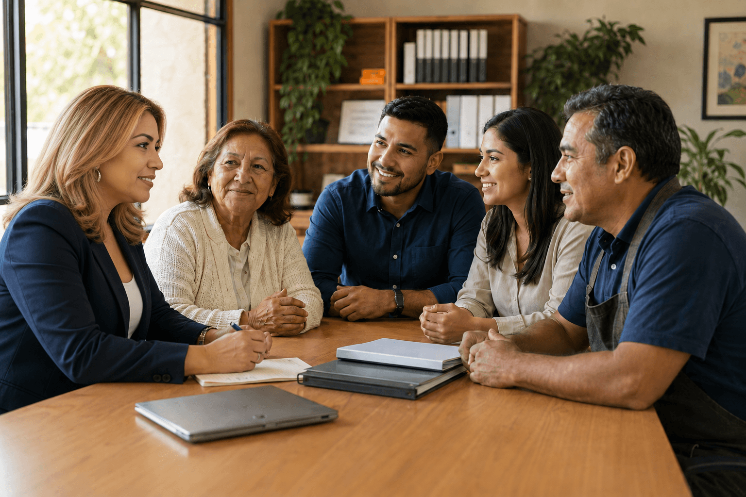 Una asesora de Normas Family conversando con una familia en la oficina